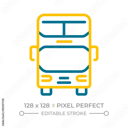Double decker bus pixel perfect two color line icon. Public transport for city. Passenger vehicle. Tourism bicolor outline symbol. Duotone linear pictogram. Isolated illustration. Editable stroke