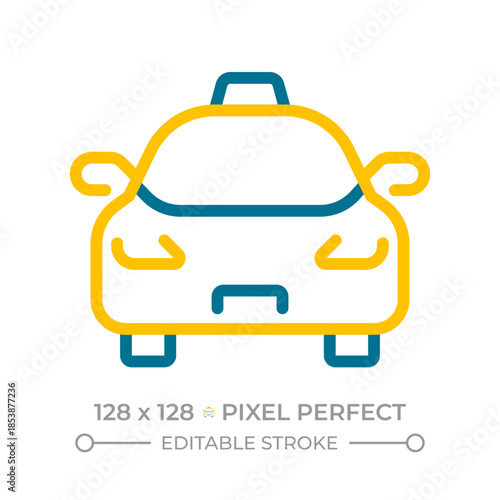 Taxi pixel perfect two color line icon. Motor vehicle licensed to transport passengers. Public transportation bicolor outline symbol. Duotone linear pictogram. Isolated illustration. Editable stroke