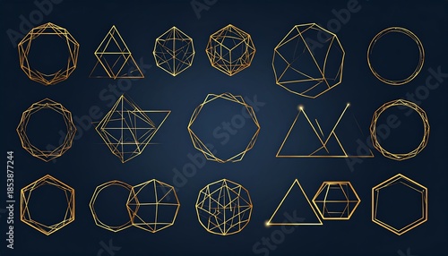 A collection of geometric shapes rendered in gold, arranged on a deep blue background. The illustrations include various polygon and circle outlines