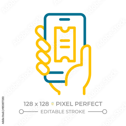 Hand holding smartphone with e ticket pixel perfect two color line icon. Payment fares. Service for passengers bicolor outline symbol. Duotone linear pictogram. Isolated illustration. Editable stroke