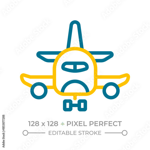 Aircraft pixel perfect two color line icon. Passenger airplane. Travelling by air safely. Public transport bicolor outline symbol. Duotone linear pictogram. Isolated illustration. Editable stroke