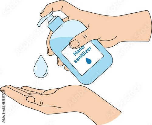 Hand using a pump bottle of hand sanitizer to dispense a drop of liquid gel for hygiene, health protection, virus prevention, and cleaning skin from germs in a flat vector illustration style.