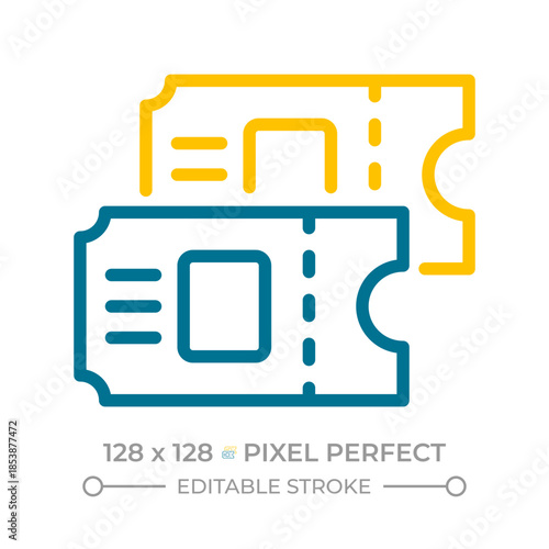 Tickets pixel perfect two color line icon. Vouchers to ride public transport. Pass to entertainment event bicolor outline symbol. Duotone linear pictogram. Isolated illustration. Editable stroke