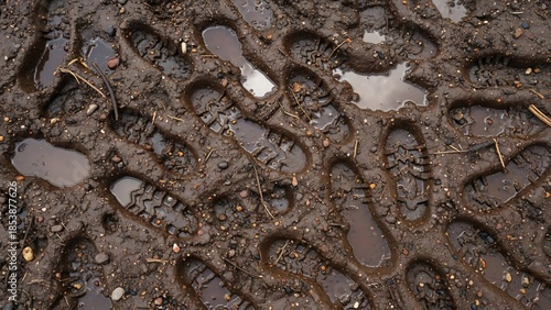 Multiple boot prints imprinted in wet, muddy ground with small pebbles and straw fragments scattered throughout.