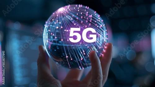5G Digital Sphere: The image is centered on a luminous, spherical representation of 5G technology, held delicately by a hand. Delicate lines and bright digital light streams converge.