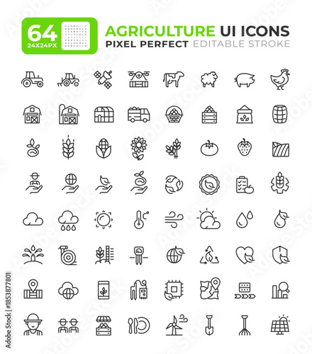 Agriculture line ui icons set. Livestock animals, ecology preservation. Weather forecast. Isolated vector outline symbols iconography. User interface elements linear, pixel perfect