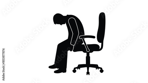 Silhouette of an exhausted office worker slumped forward over a rolling chair in defeat