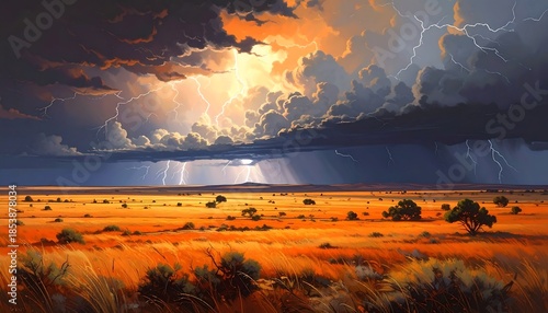 A dramatic landscape featuring a stormy sky over a field of golden grass with scattered shrubs and distant rolling hills