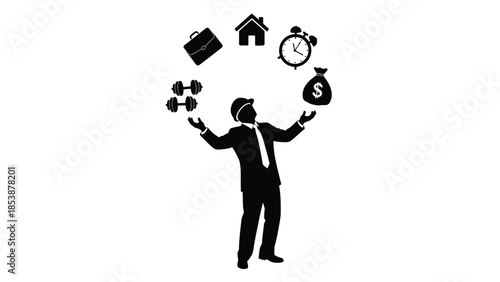 Businessman skillfully juggling essential life elements representing work health home finance and time management