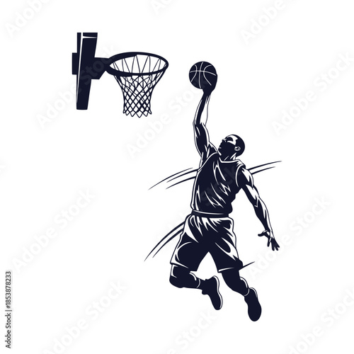 silhouette mono color vector of a basketball player jumping to dunk vector design