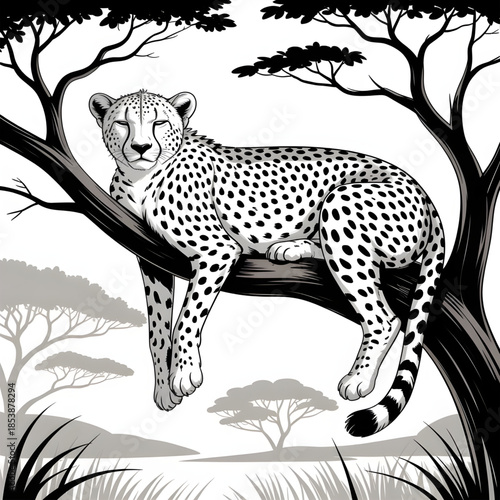 Cheetah Resting on Tree Branch Coloring Page  In Wild Life. It’s a Very Firstest Animal In World.