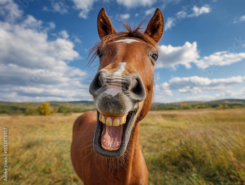 Smiling horse showing teeth in a sunny field with blue sky.