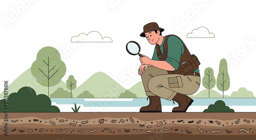 A dedicated soil scientist examines earth and its micro fauna with a magnifying glass near river