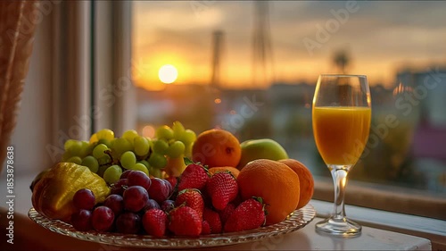 Fruit platter and juice at sunset