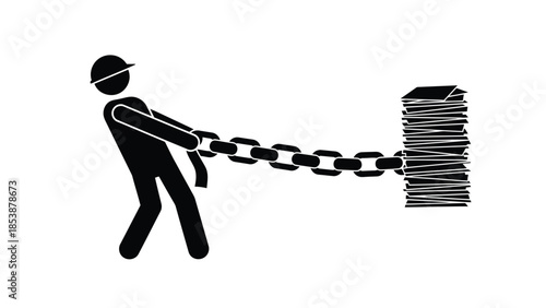 Stick figure worker struggling to pull heavy stack of paper documents chained securely