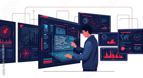 Advanced interface design concept visualizing digital analytics and coding development