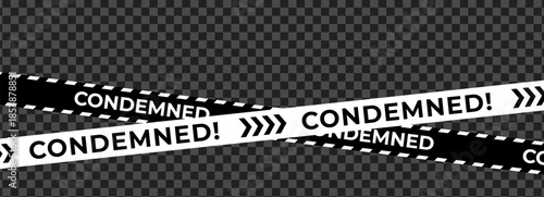 Condemned warning tape cross on transparent dark grid, black white safety barrier with arrows, copy space for crime scene, demolition, restricted area alerts. Vector illustration