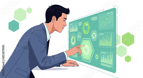 Analyst interacting with an artificial intelligence system to visualize data insights and trends