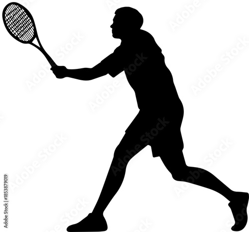 Silhouette of Tennis Player in Action – Black and White Sports Vector