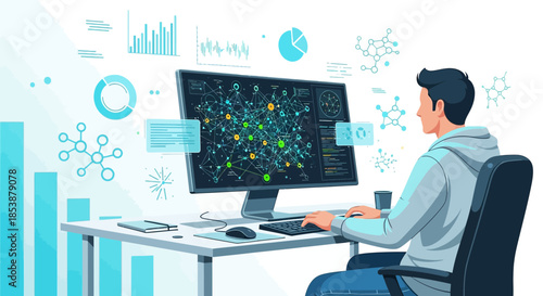 Analyst navigating complex data networks for strategic decision making analysis process