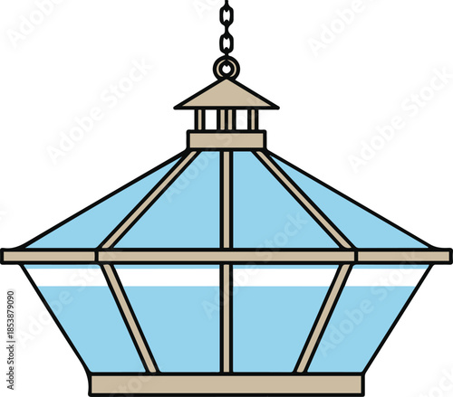 Classic hanging lantern lamp vector illustration. A geometric pendant light fixture featuring a beige frame and light blue glass panels, suspended by a chain.