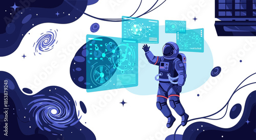 Astronaut interacting with holographic displays in deep space exploration environment illustration