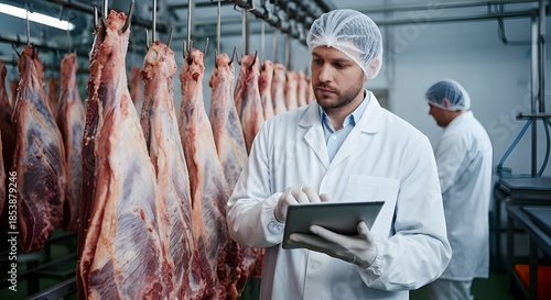 Quality Control Inspector Examining Hanging Meat Carcasses in Processing Plant with Tablet