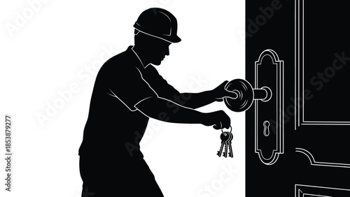 Silhouette of a construction worker wearing a hard hat unlocking a dark door with a set of keys