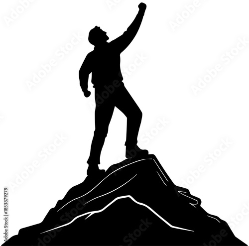 Victory Silhouette on Mountain Summit – Achievement Concept in Black and White