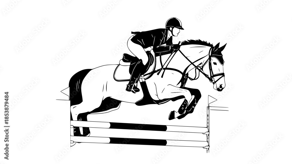 Obraz premium Flat vector illustration of show jumping horse and rider, equestrian sport concept, dynamic pose, clean background