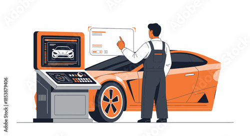 Automotive technician using digital diagnostic system for modern vehicle analysis and repairs