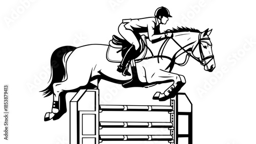 Flat vector illustration of show jumping horse and rider, equestrian sport concept, dynamic pose, clean background