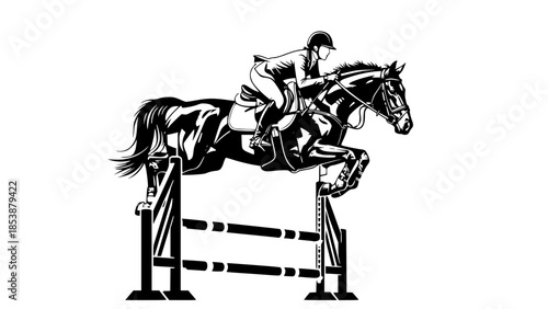 Flat vector illustration of show jumping horse and rider, equestrian sport concept, dynamic pose, clean background