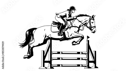 Flat vector illustration of show jumping horse and rider, equestrian sport concept, dynamic pose, clean background