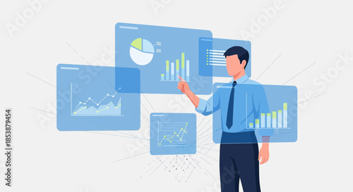 Businessman analyzing data on futuristic interface for strategic business decisions