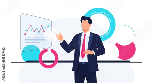 Business presentation with graphical interface and statistics representation for company growth
