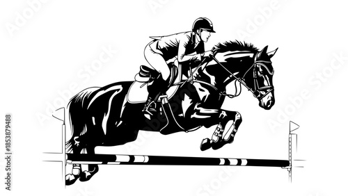 Flat vector illustration of show jumping horse and rider, equestrian sport concept, dynamic pose, clean background