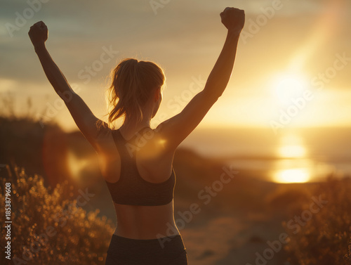 Young woman celebrating fitness success at beautiful beach sunset.