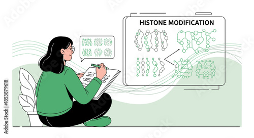 Conceptual depiction of a young female student studying histone modification with molecular diagrams