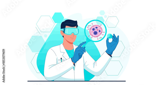 Conceptual medical scientist illustration analyzing cells for pharmaceutical research and