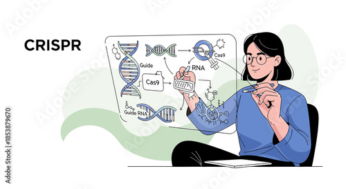 CRISPR technology explanation with illustration of scientist explaining gene editing process