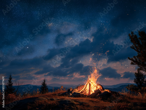 Cozy campfire under starry night sky with mountains.