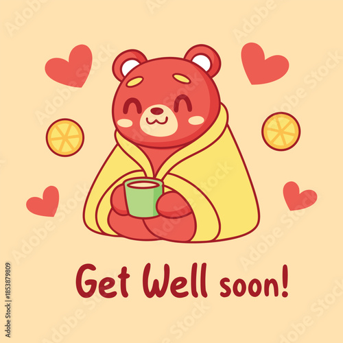 Cute cartoon bear wrapped in a blanket with hearts and lemon for a get well soon card