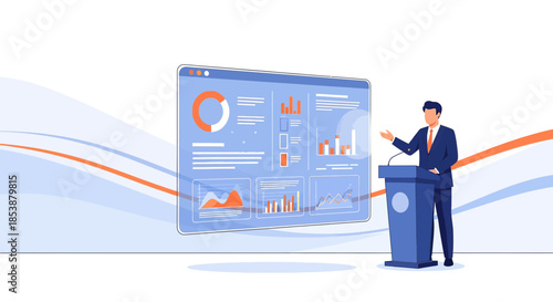Data insights presentation with business man in formal suit delivering crucial information