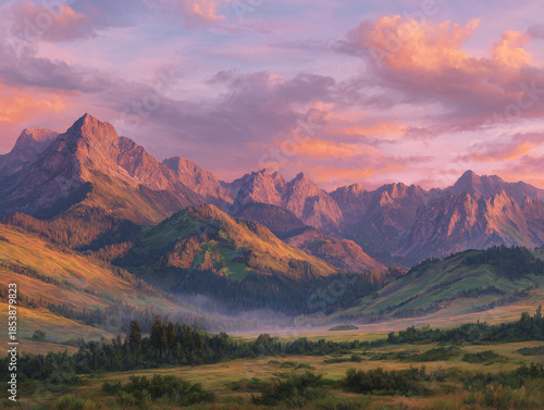 Majestic mountain range at sunset with vibrant pink and purple hues.