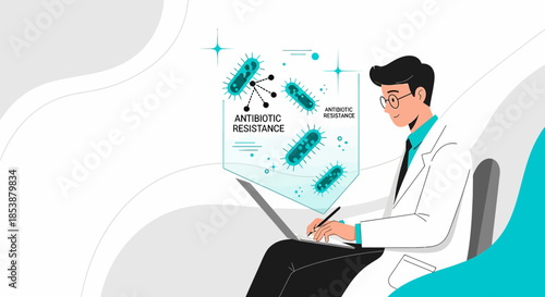Depiction of medical professional studying antibiotic resistance on a digital interface