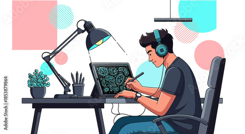 Digital artist immersed in creative workflow using tablet and headphones in a modern workspace