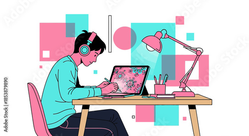 Digital creation in vibrant style, modern artist with graphics tablet and headphones at their desk