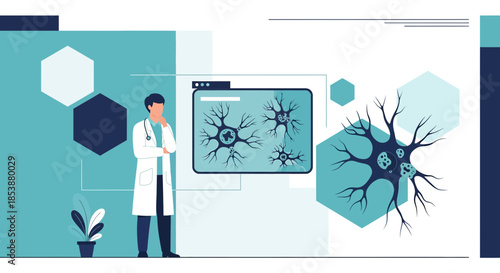 Doctor contemplates neuronal network, neurological research and brain study visualization