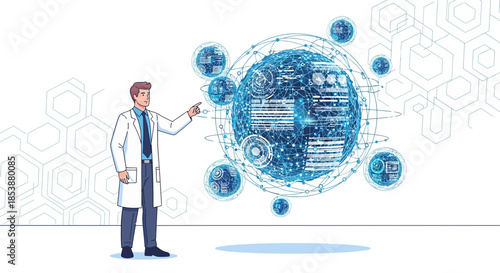 Doctor explaining global healthcare data analytics through digital interface technology